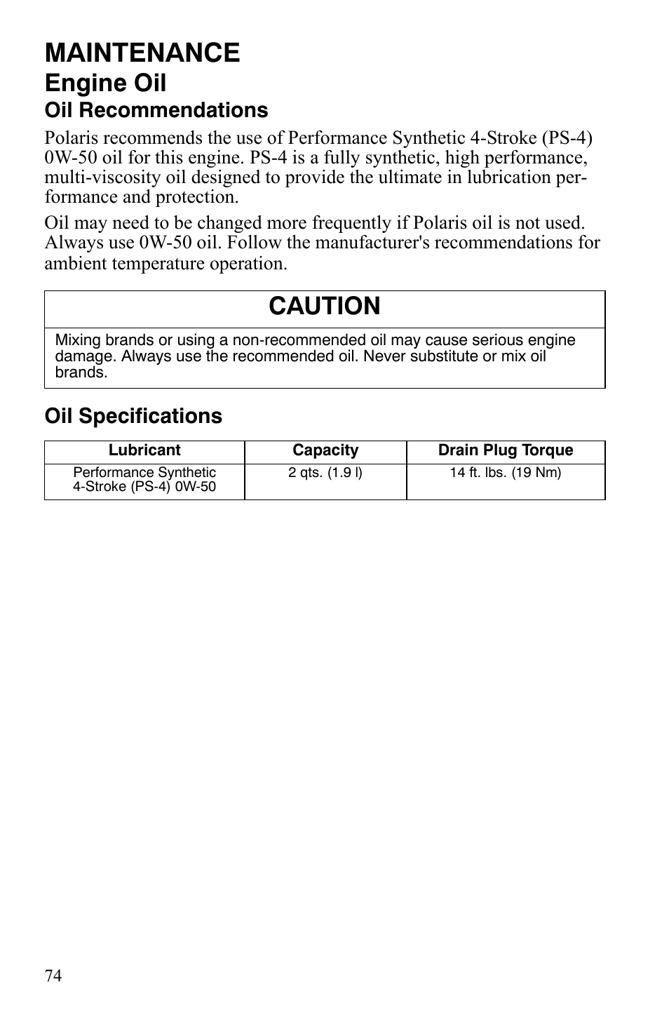 Maintenance, Engine oil, Caution | Oil recommendations, Oil specifications | Polaris Hawkeye 9920787 User Manual | Page 77 / 141