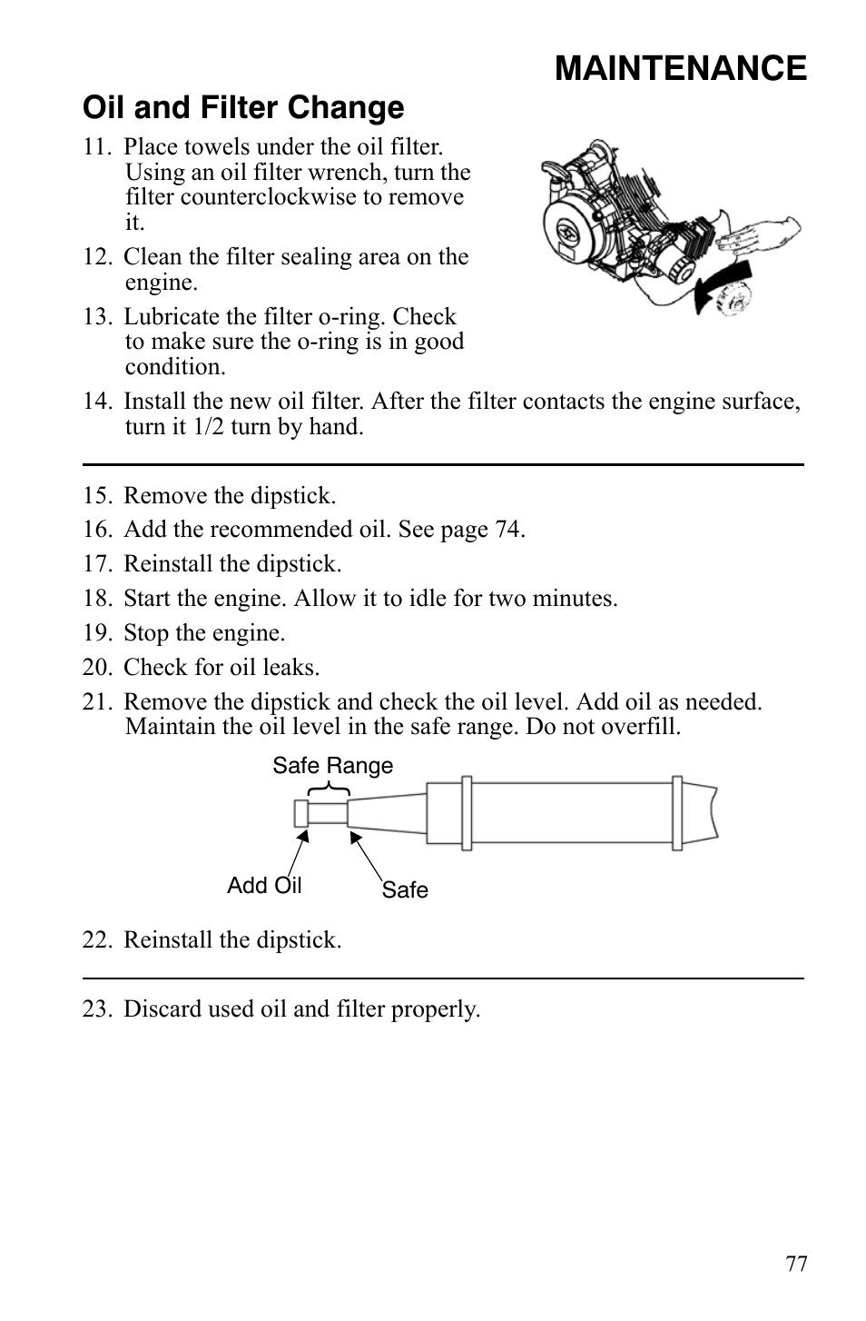 Maintenance, Oil and filter change | Polaris Hawkeye 9920787 User Manual | Page 80 / 141