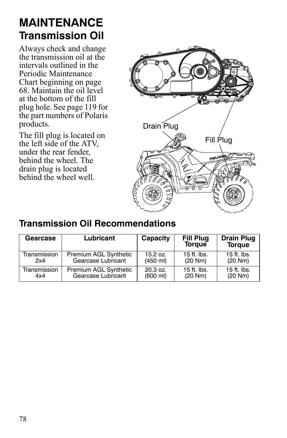 Maintenance, Transmission oil, Transmission oil recommendations | Polaris Hawkeye 9920787 User Manual | Page 81 / 141