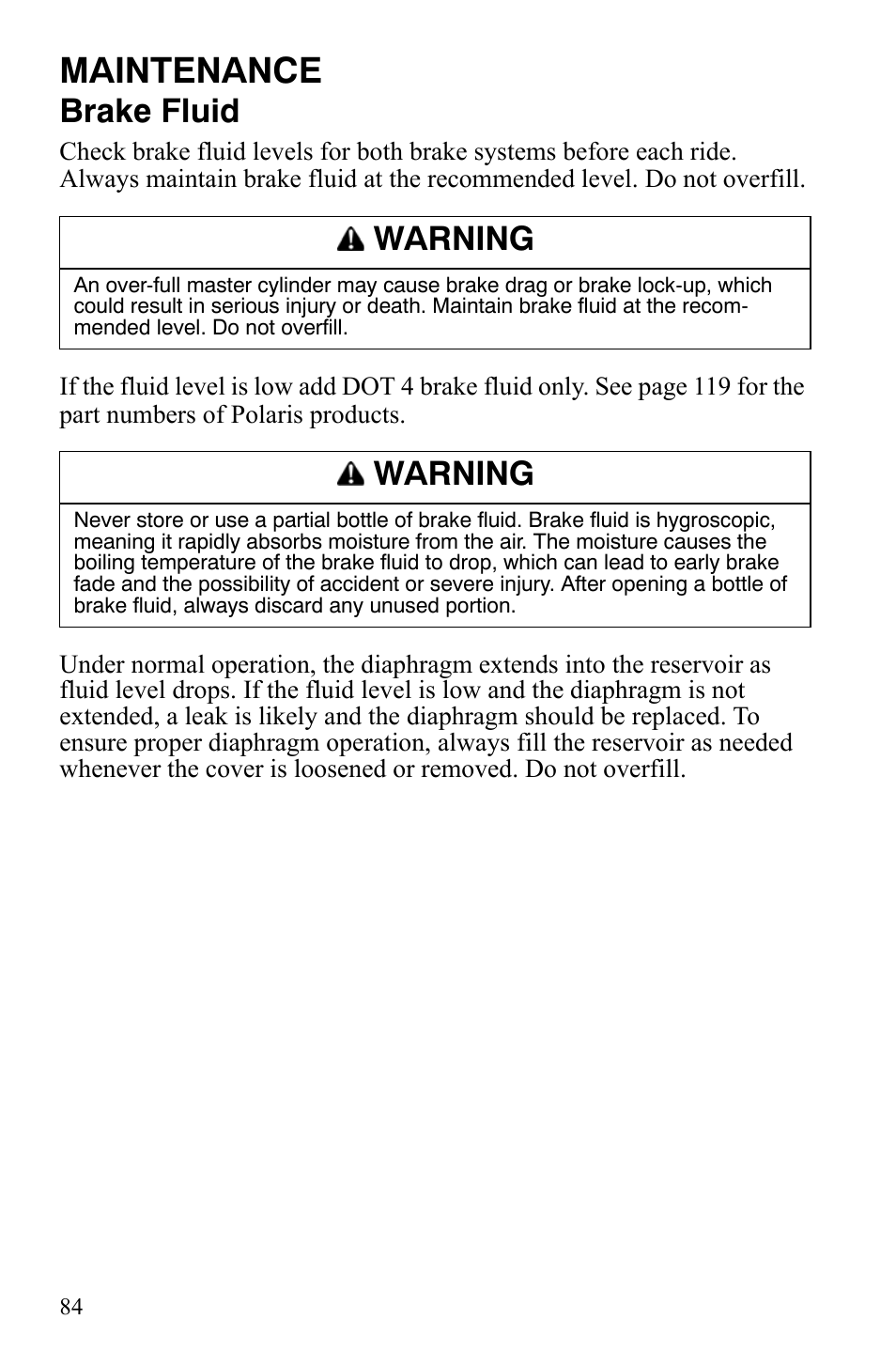 Maintenance, Brake fluid, Warning | Polaris Hawkeye 9920787 User Manual | Page 87 / 141