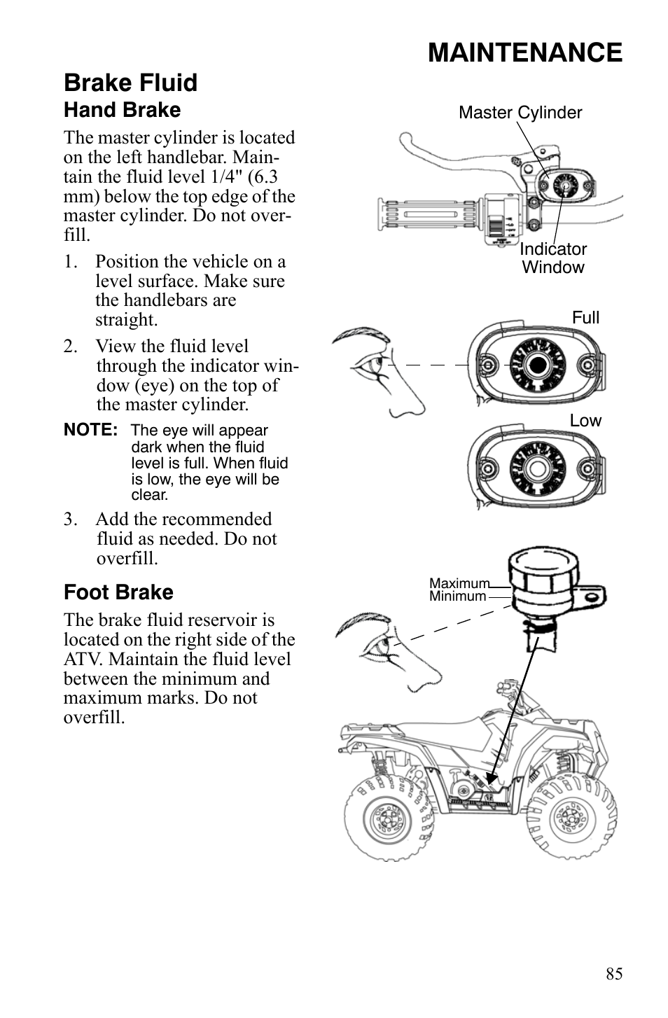 Maintenance, Brake fluid, Hand brake | Foot brake | Polaris Hawkeye 9920787 User Manual | Page 88 / 141