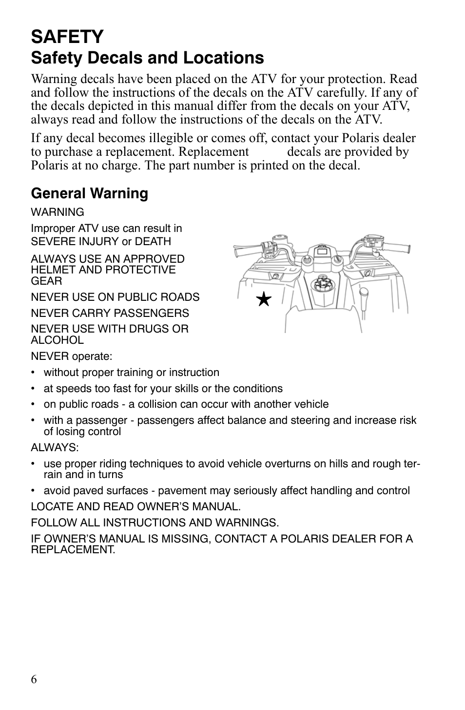 Safety, Safety decals and locations, General warning | Polaris Hawkeye 9920787 User Manual | Page 9 / 141