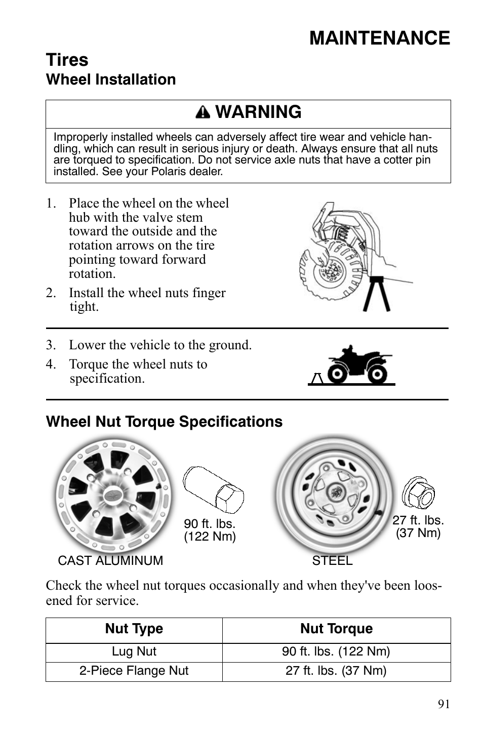 Maintenance, Tires, Warning | Polaris Hawkeye 9920787 User Manual | Page 94 / 141