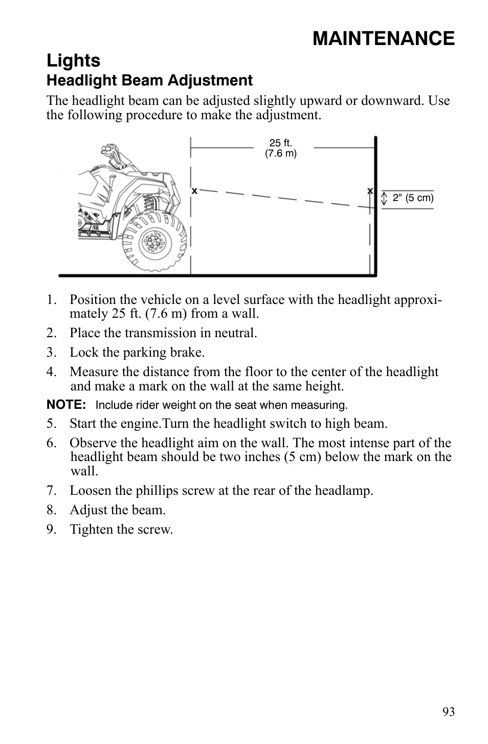 Maintenance, Lights, Headlight beam adjustment | Polaris Hawkeye 9920787 User Manual | Page 96 / 141