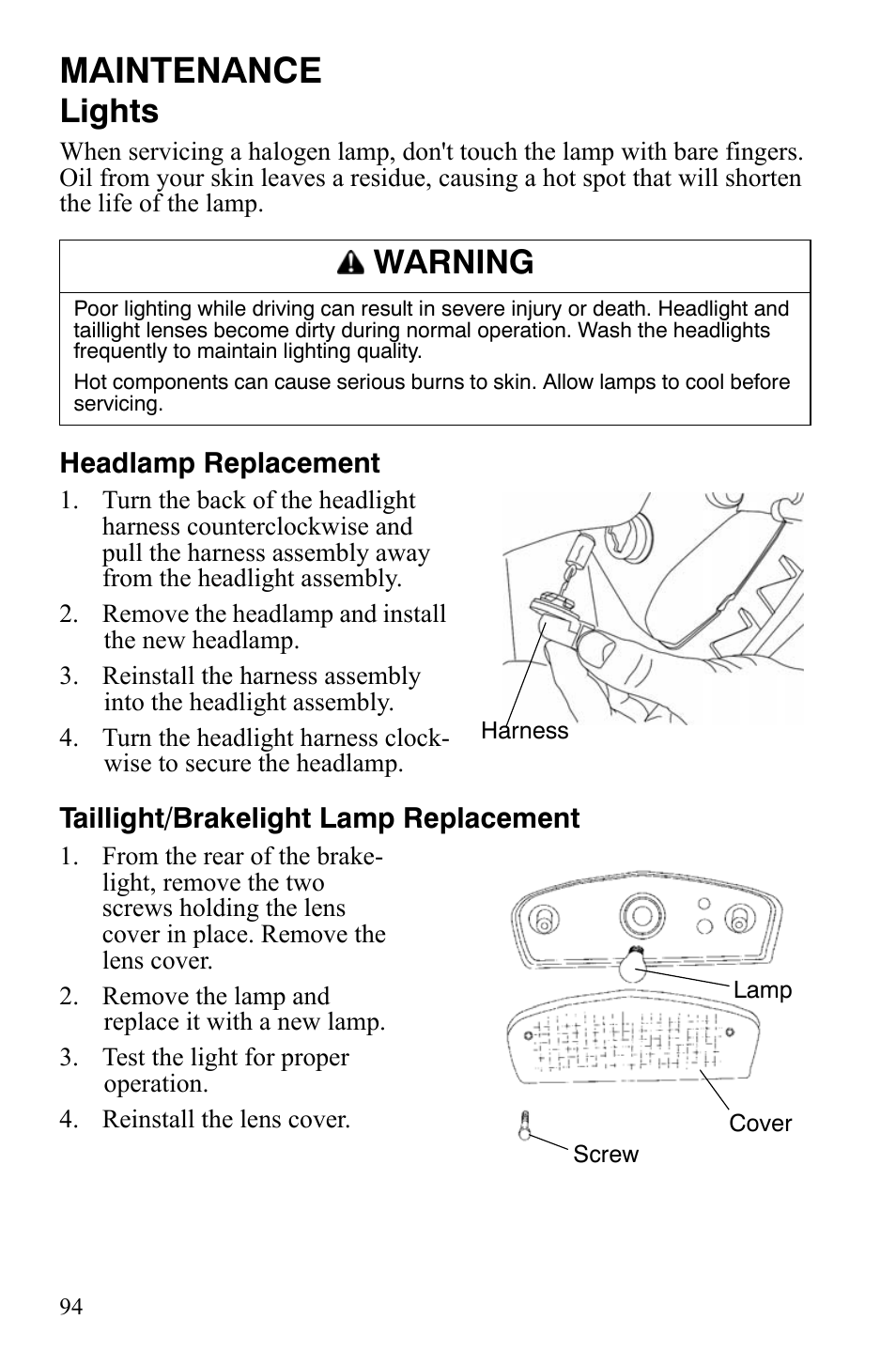 Maintenance, Lights, Warning | Polaris Hawkeye 9920787 User Manual | Page 97 / 141