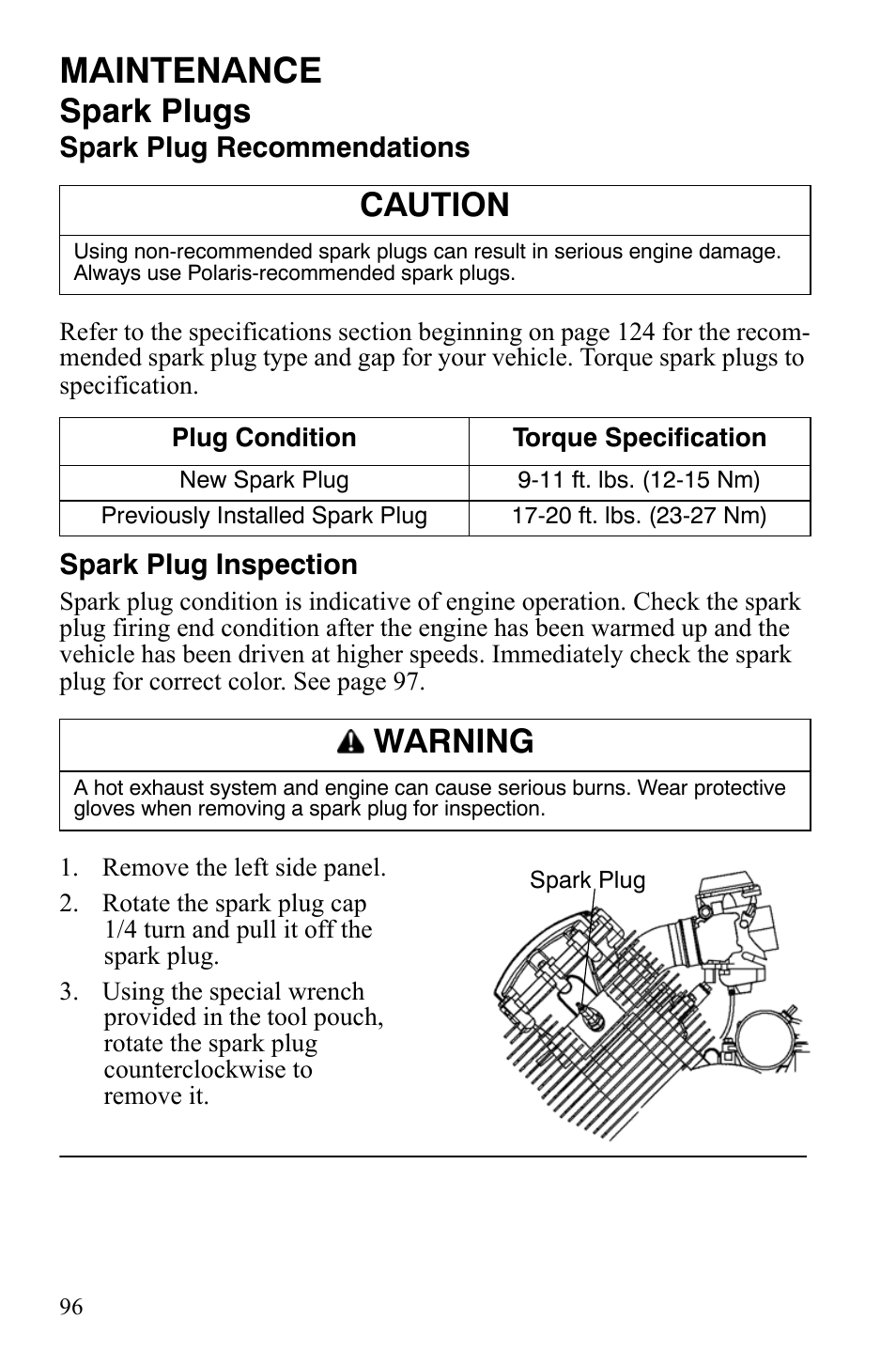 Maintenance, Spark plugs, Caution | Warning | Polaris Hawkeye 9920787 User Manual | Page 99 / 141