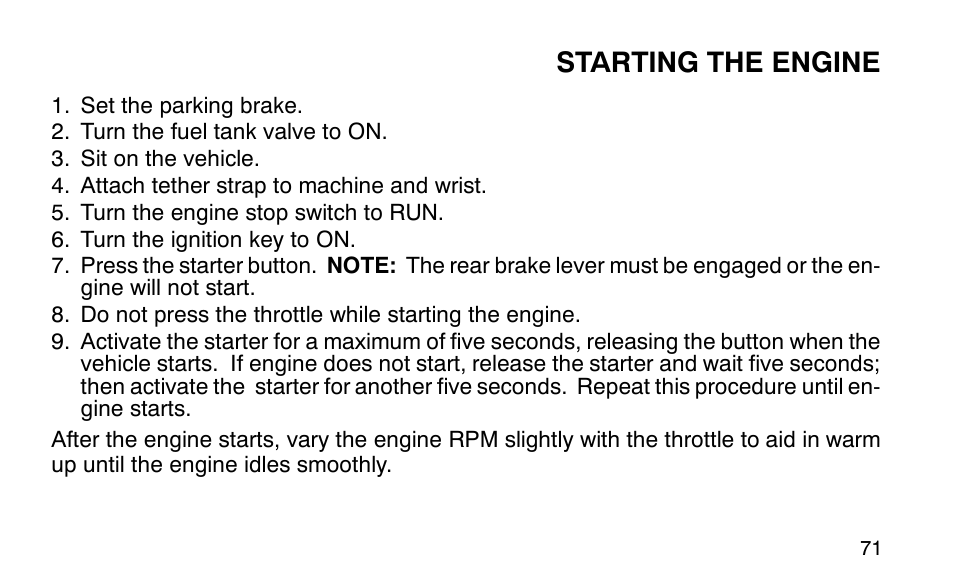 Starting the engine | Polaris Sportsman 90 User Manual | Page 107 / 220
