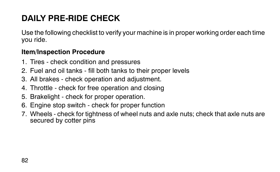 Daily pre-ride check | Polaris Sportsman 90 User Manual | Page 118 / 220
