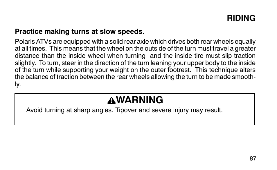 Warning, Riding | Polaris Sportsman 90 User Manual | Page 123 / 220
