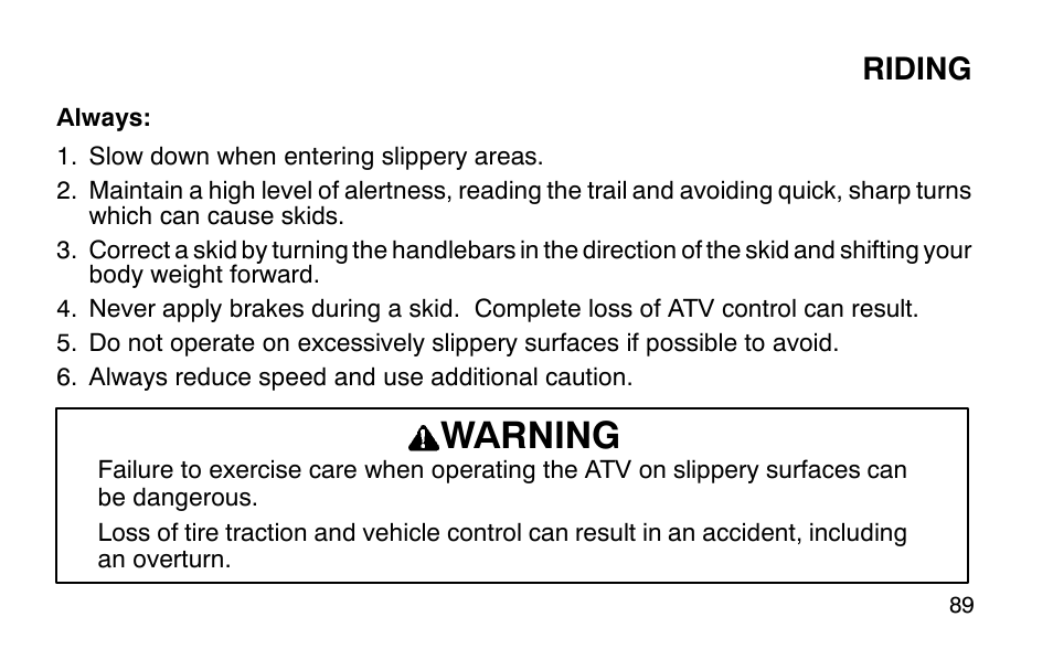 Warning, Riding | Polaris Sportsman 90 User Manual | Page 125 / 220