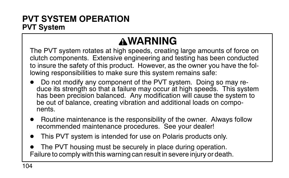 Warning, Pvt system operation | Polaris Sportsman 90 User Manual | Page 140 / 220