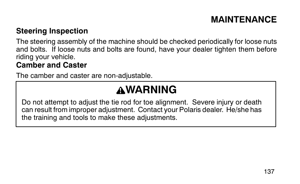 Warning, Maintenance | Polaris Sportsman 90 User Manual | Page 173 / 220