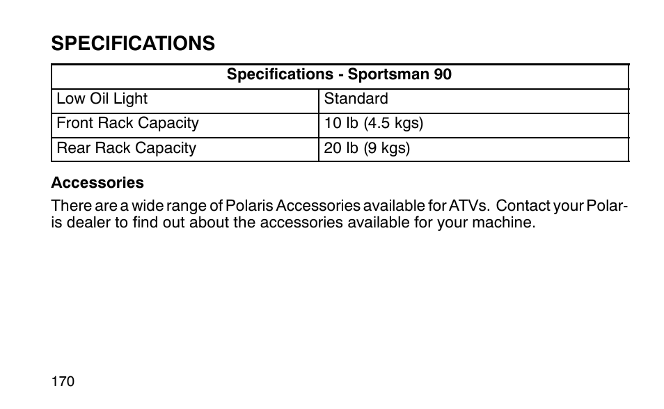 Specifications | Polaris Sportsman 90 User Manual | Page 206 / 220
