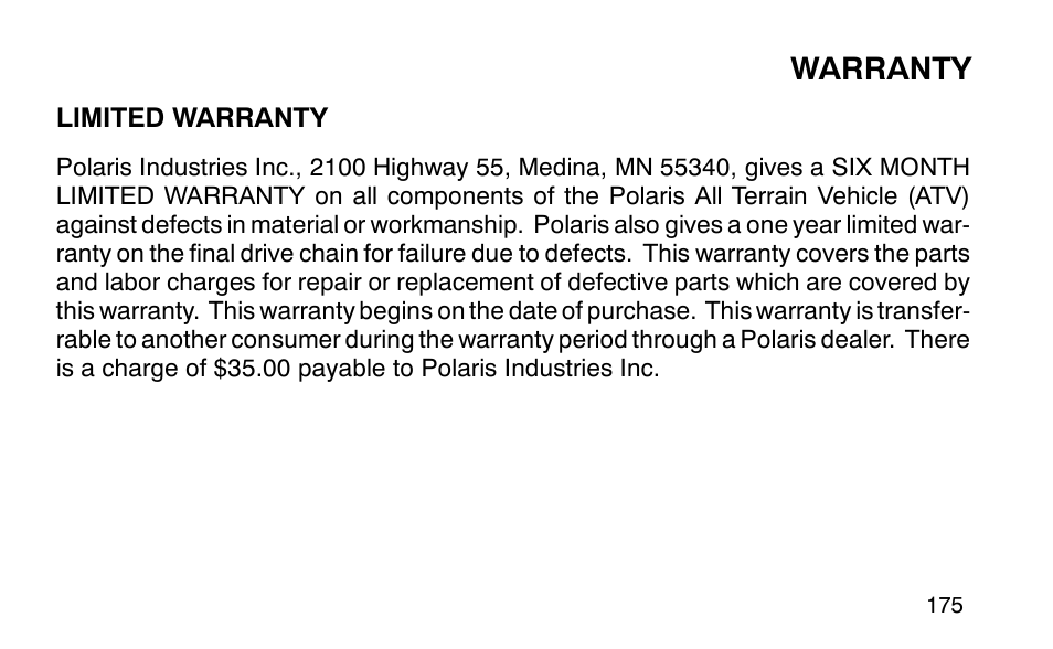 Warranty | Polaris Sportsman 90 User Manual | Page 211 / 220