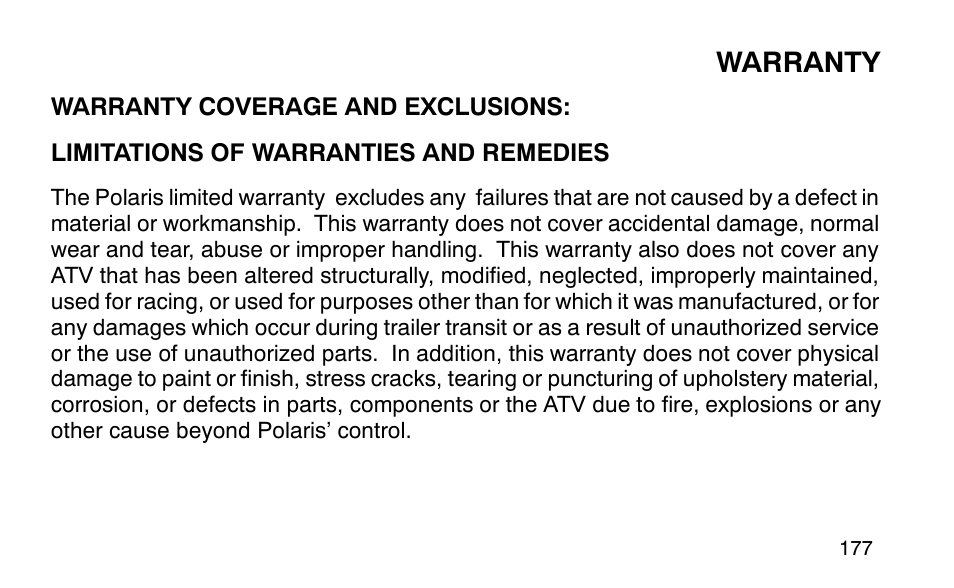 Warranty | Polaris Sportsman 90 User Manual | Page 213 / 220