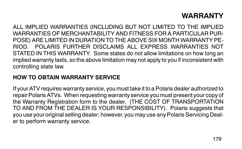 Warranty | Polaris Sportsman 90 User Manual | Page 215 / 220