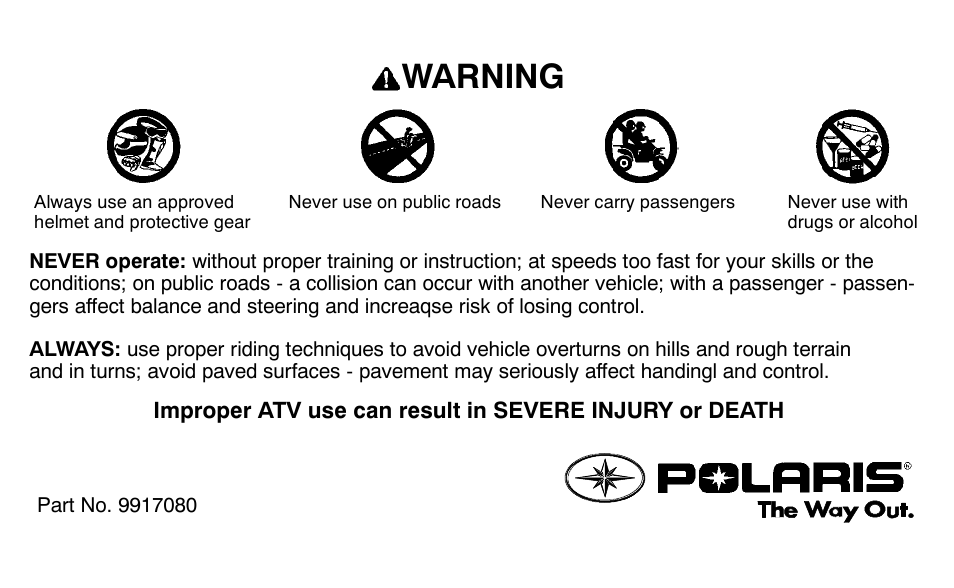 Warning | Polaris Sportsman 90 User Manual | Page 220 / 220