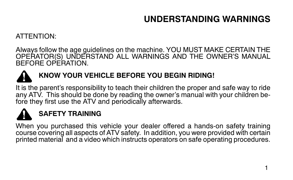 Understanding warnings | Polaris Sportsman 90 User Manual | Page 37 / 220