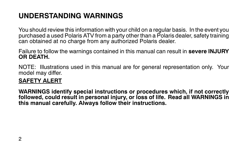 Understanding warnings | Polaris Sportsman 90 User Manual | Page 38 / 220