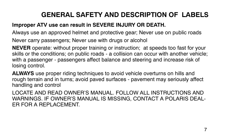 General safety and description of labels | Polaris Sportsman 90 User Manual | Page 43 / 220