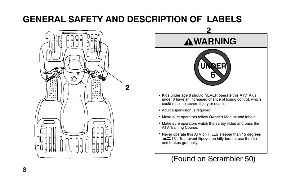 General safety and description of labels, 2(found on scrambler 50) | Polaris Sportsman 90 User Manual | Page 44 / 220