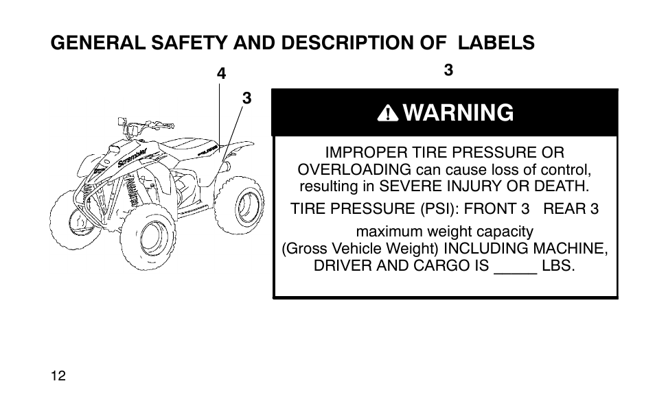 Warning, General safety and description of labels | Polaris Sportsman 90 User Manual | Page 48 / 220