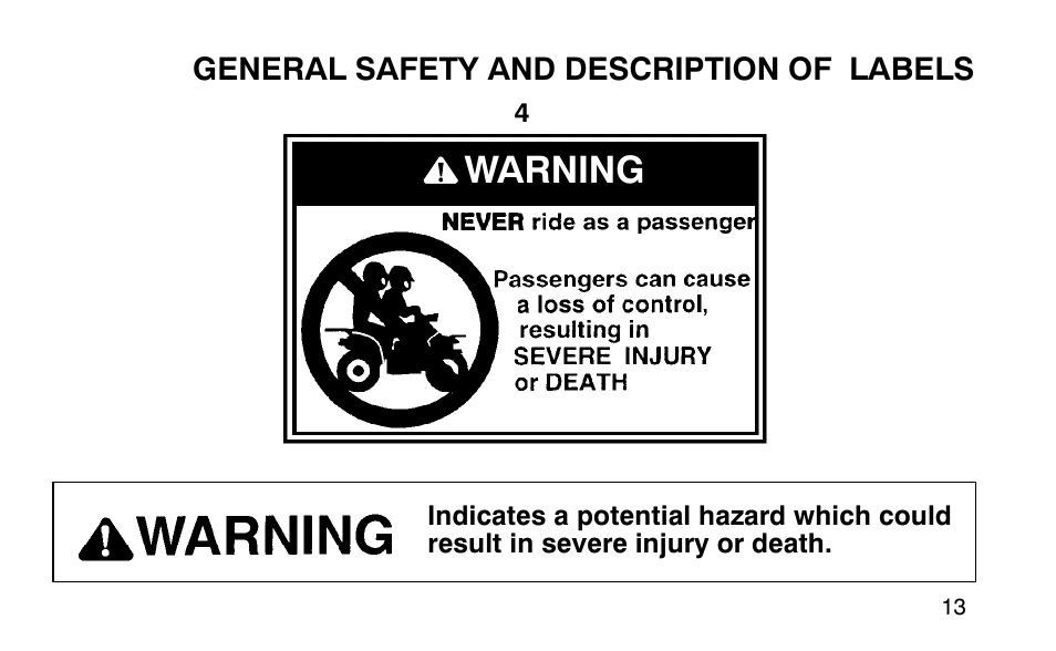 Warning | Polaris Sportsman 90 User Manual | Page 49 / 220