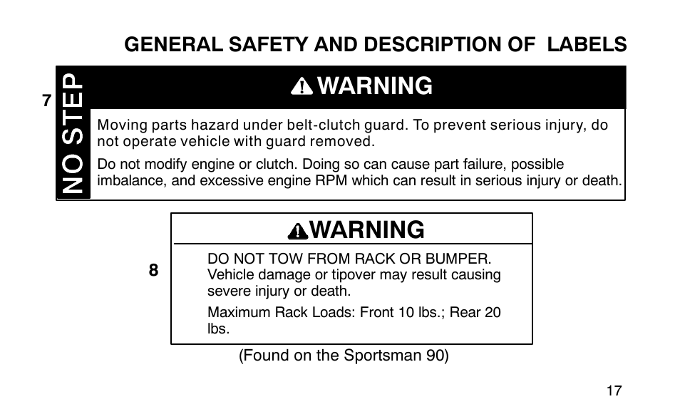 Warning, General safety and description of labels | Polaris Sportsman 90 User Manual | Page 53 / 220