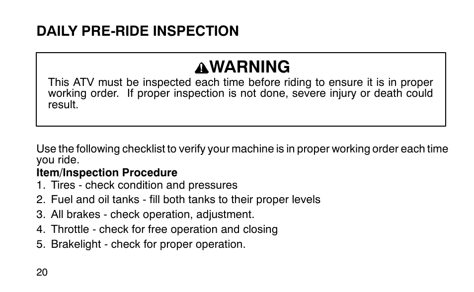 Warning, Daily pre-ride inspection | Polaris Sportsman 90 User Manual | Page 56 / 220