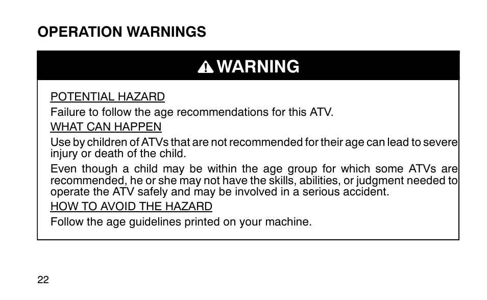 Warning | Polaris Sportsman 90 User Manual | Page 58 / 220