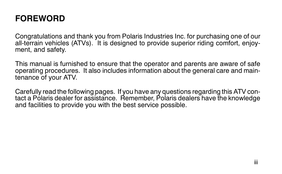 Foreword | Polaris Sportsman 90 User Manual | Page 6 / 220