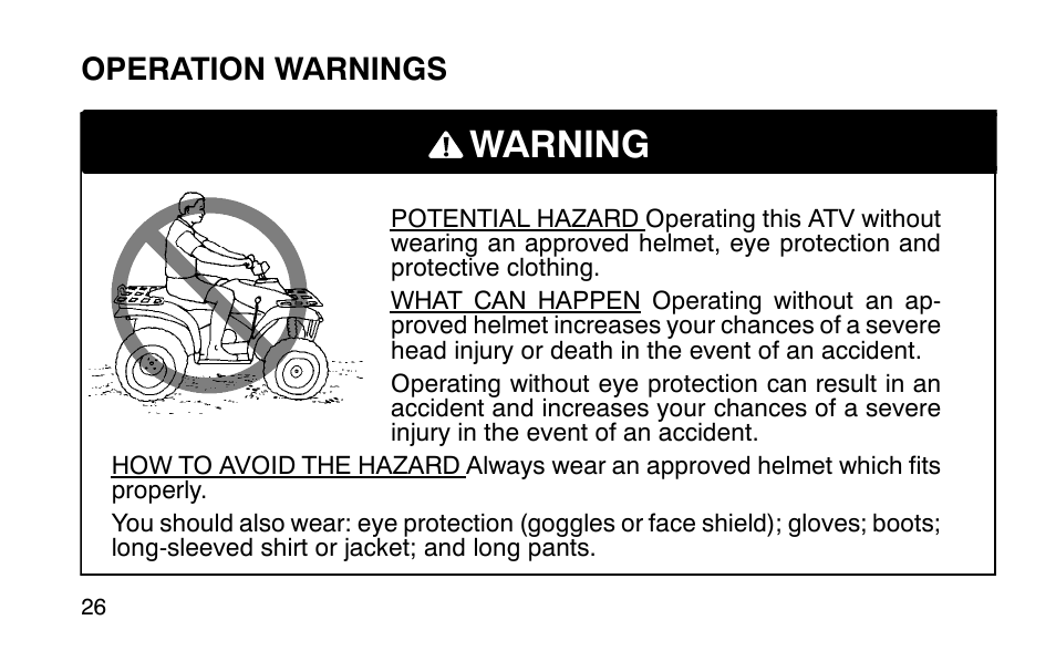 Warning, Operation warnings | Polaris Sportsman 90 User Manual | Page 62 / 220