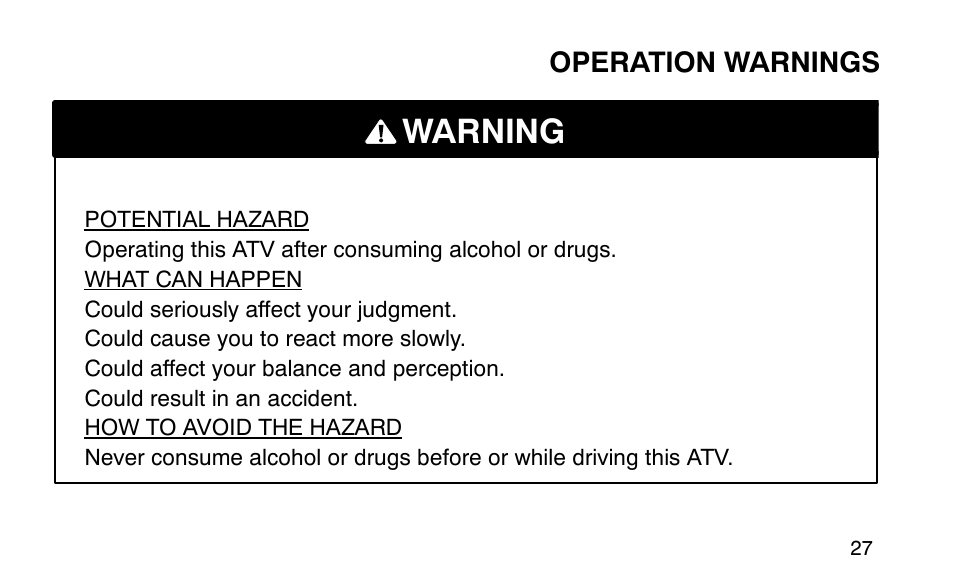 Warning | Polaris Sportsman 90 User Manual | Page 63 / 220