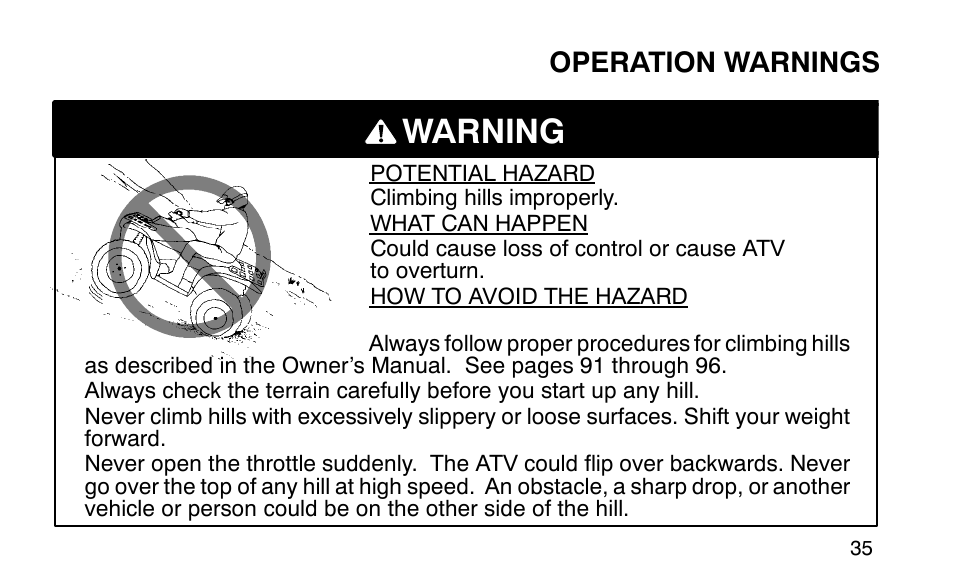Warning, Operation warnings | Polaris Sportsman 90 User Manual | Page 71 / 220