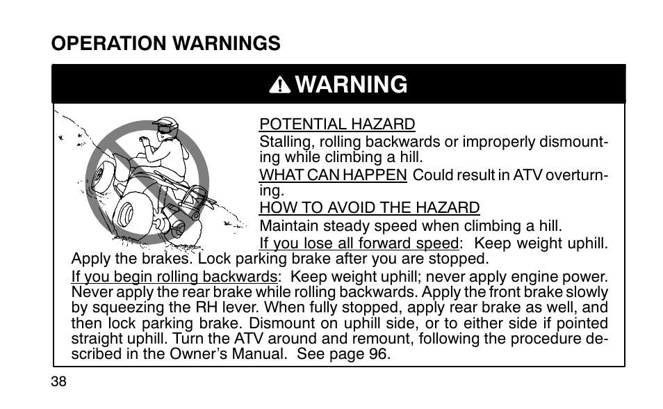 Warning, Operation warnings | Polaris Sportsman 90 User Manual | Page 74 / 220