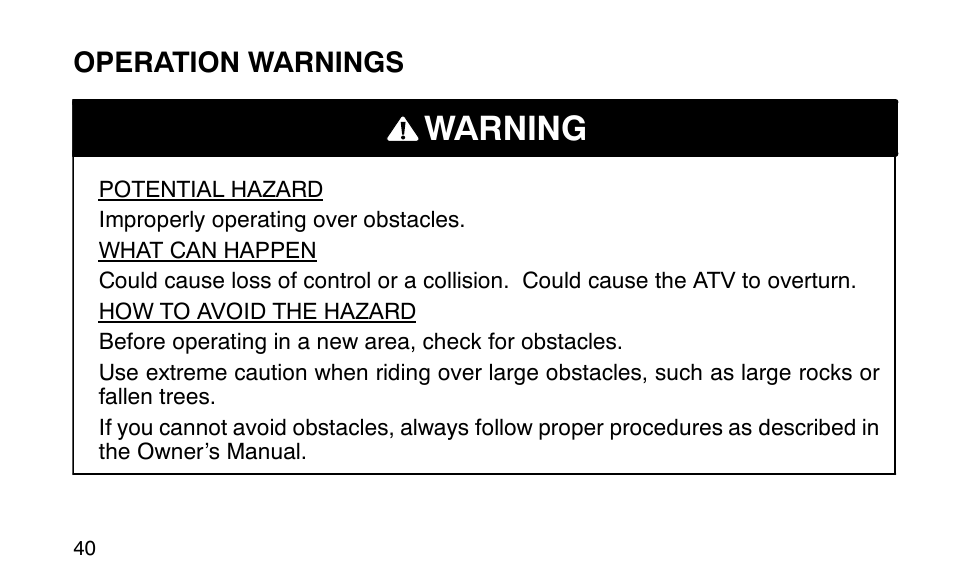 Warning | Polaris Sportsman 90 User Manual | Page 76 / 220