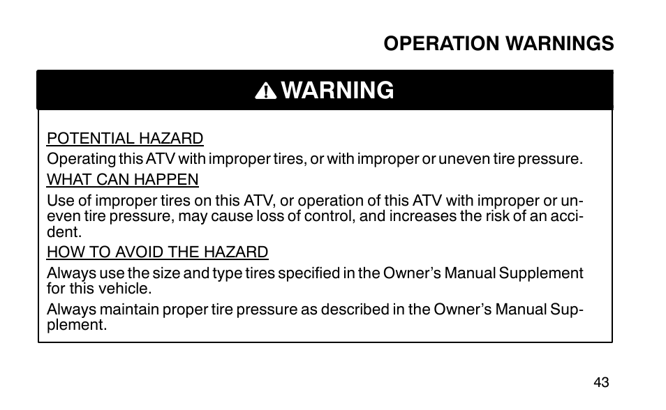 Warning | Polaris Sportsman 90 User Manual | Page 79 / 220