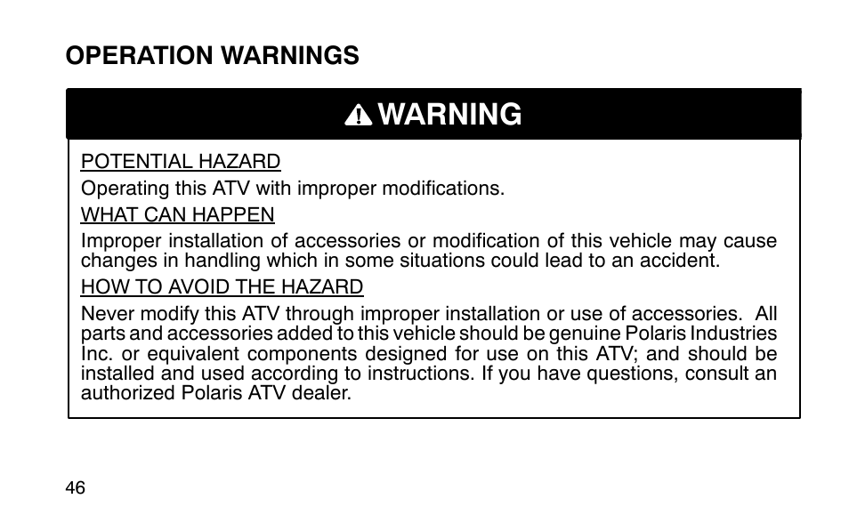 Warning | Polaris Sportsman 90 User Manual | Page 82 / 220