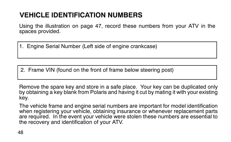 Vehicle identification numbers | Polaris Sportsman 90 User Manual | Page 84 / 220