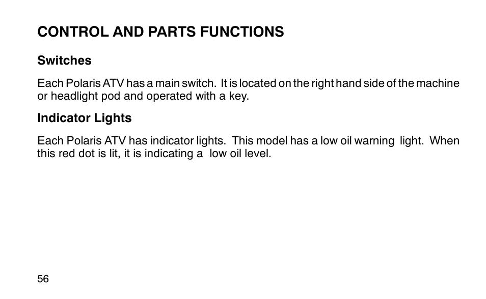 Control and parts functions | Polaris Sportsman 90 User Manual | Page 92 / 220