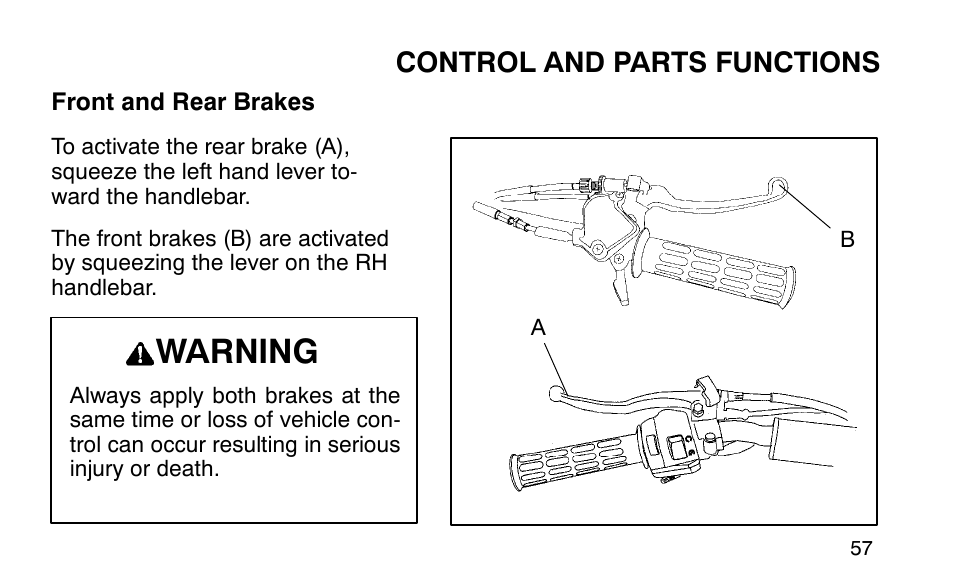 Warning, Control and parts functions | Polaris Sportsman 90 User Manual | Page 93 / 220