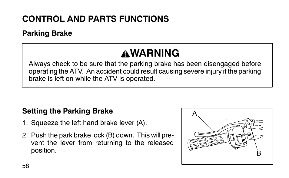 Warning, Control and parts functions | Polaris Sportsman 90 User Manual | Page 94 / 220