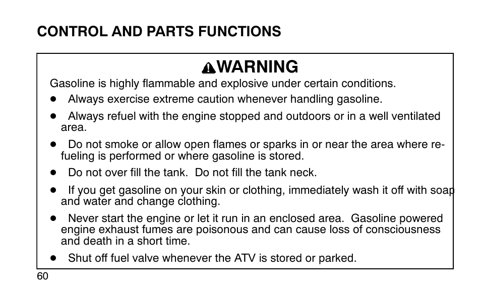 Warning, Control and parts functions | Polaris Sportsman 90 User Manual | Page 96 / 220