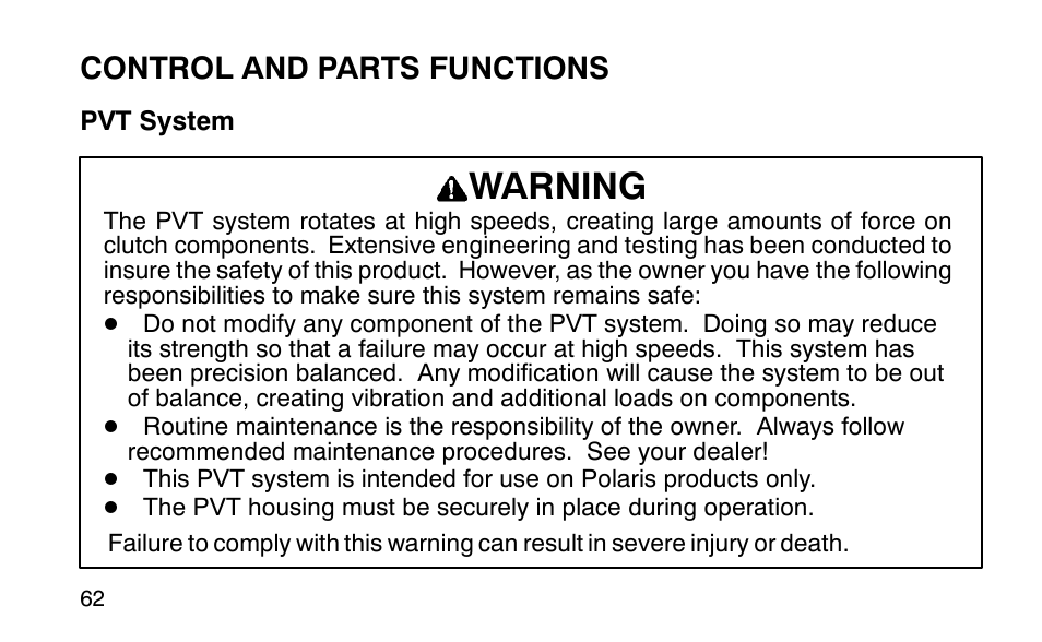 Warning, Control and parts functions | Polaris Sportsman 90 User Manual | Page 98 / 220