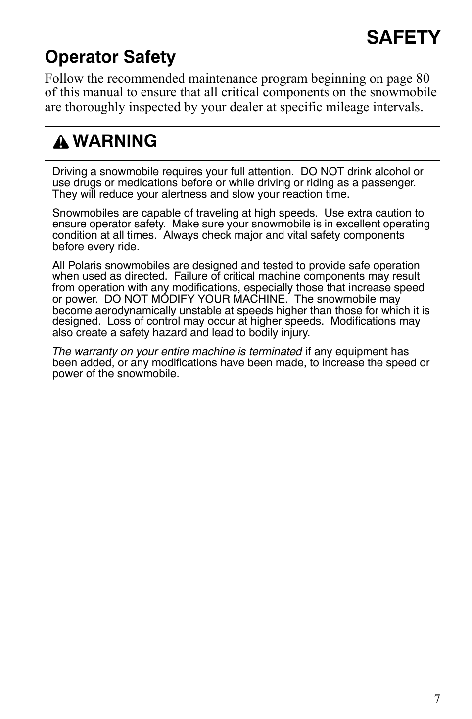 Safety, Operator safety, Warning | Polaris Indy 340 Touring User Manual | Page 10 / 159