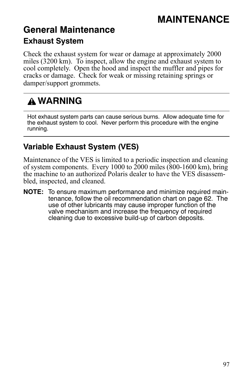 Maintenance, General maintenance, Warning | Polaris Indy 340 Touring User Manual | Page 100 / 159