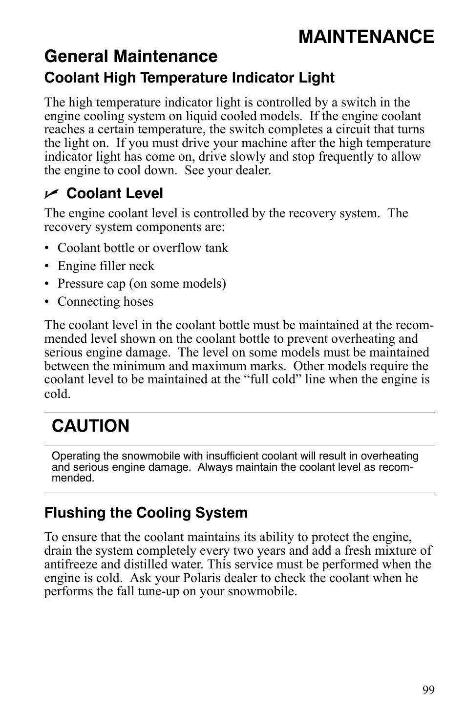 Maintenance, General maintenance, Caution | Polaris Indy 340 Touring User Manual | Page 102 / 159