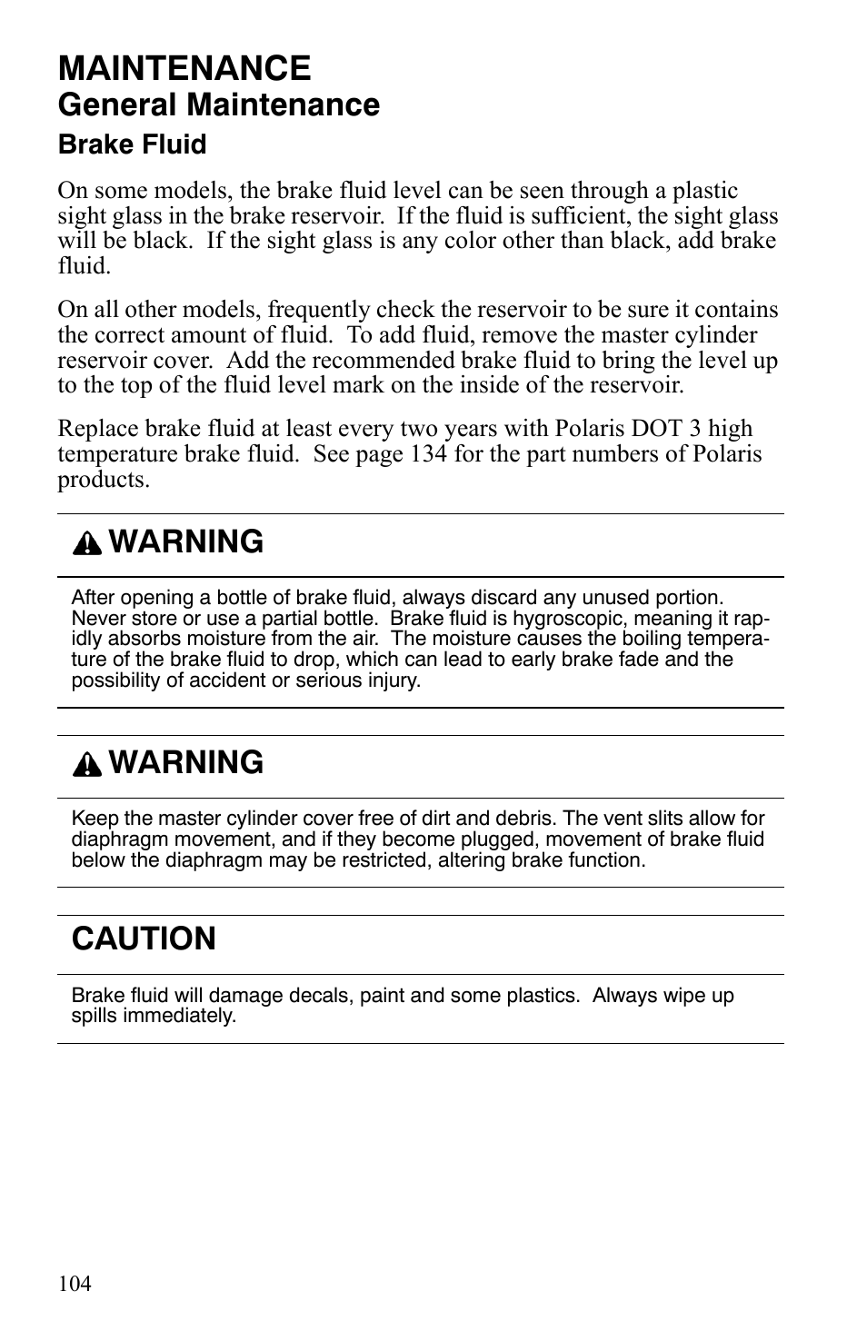 Maintenance, General maintenance, Warning | Caution | Polaris Indy 340 Touring User Manual | Page 107 / 159