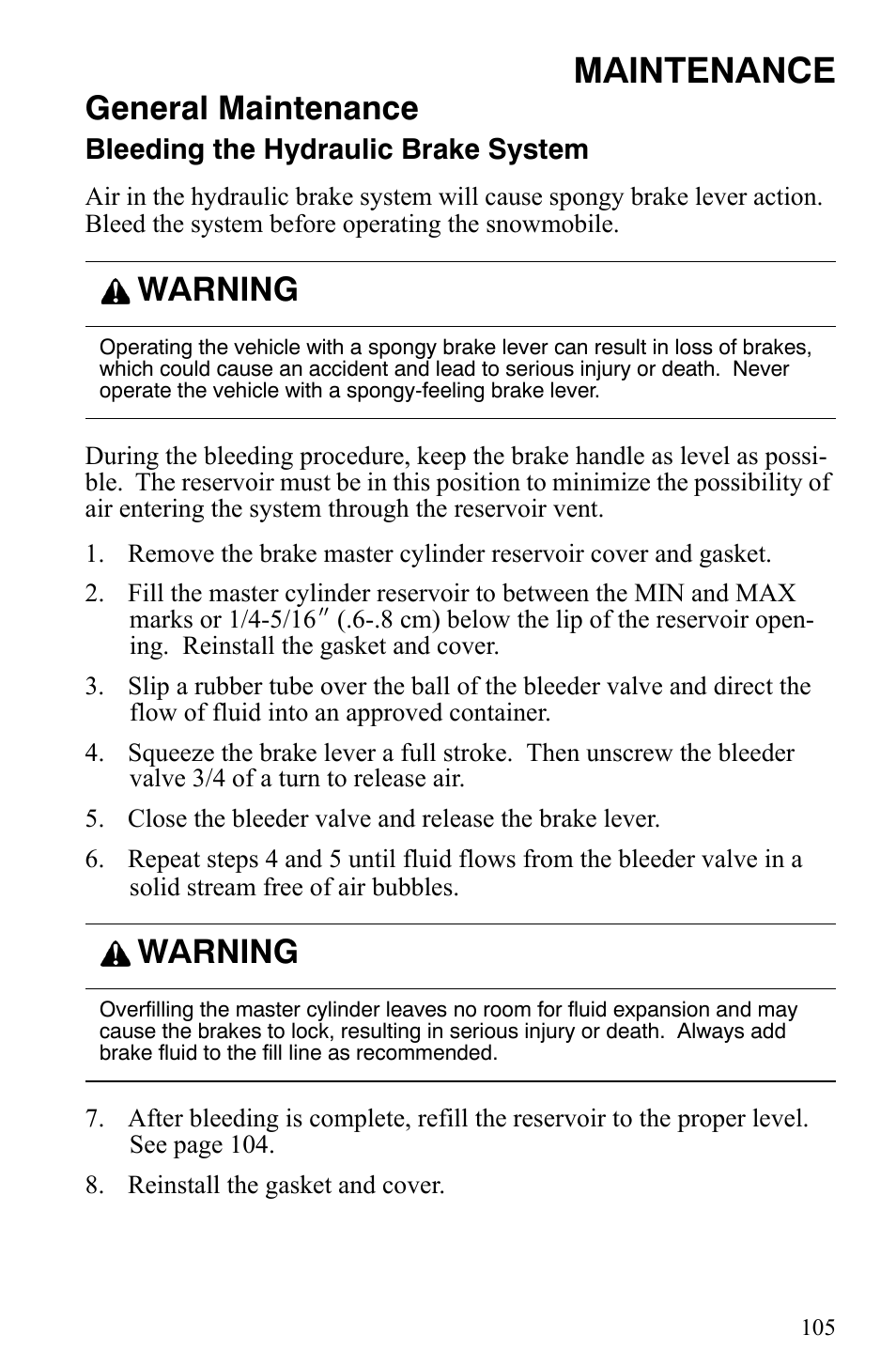 Maintenance, General maintenance, Warning | Polaris Indy 340 Touring User Manual | Page 108 / 159