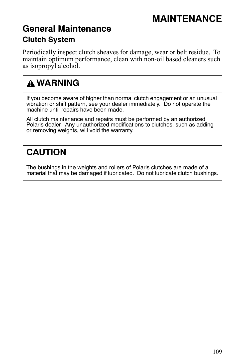 Maintenance, General maintenance, Warning | Caution | Polaris Indy 340 Touring User Manual | Page 112 / 159